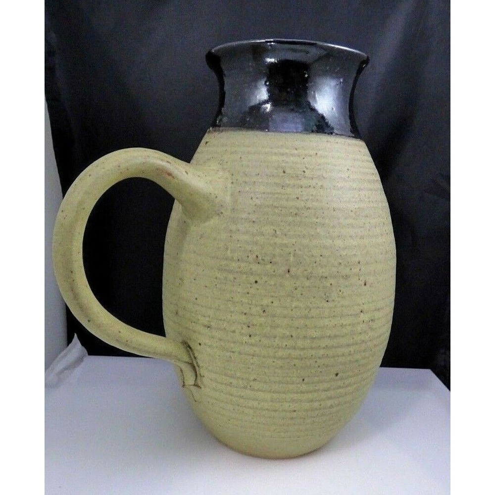 Vintage Stoneware Pitcher With Handle Clay Studio Art Pottery Signed Handcrafted